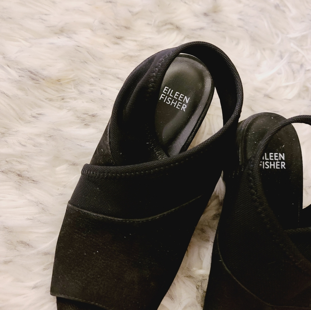 Eileen Fisher Black Ankle Cross Strap Block Heel 37 Very Adult Sandals - Picture 4 of 9